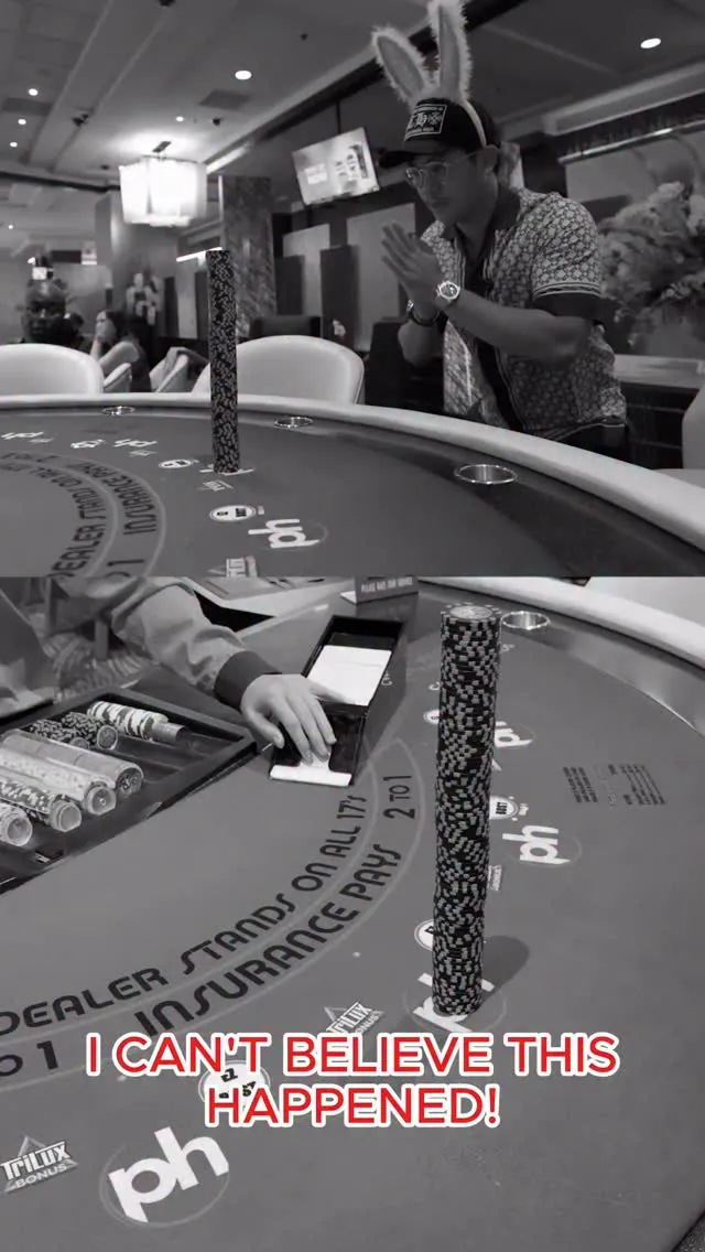 Thomas at a Planet Hollywood blackjack table in a frame from his video